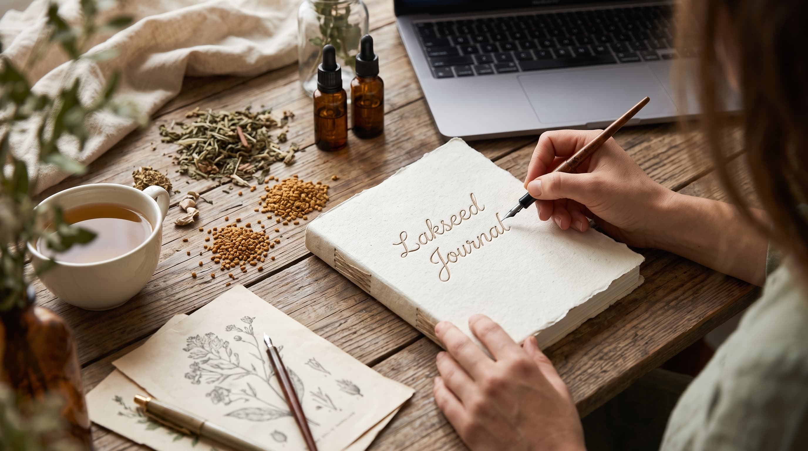 Writing the Lakseed Journal beside herbal remedies